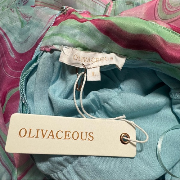 NWT OLIVACEOUS Candy Swirl Pink & Green Tiered Maxi Dress Halter Neck Sz Large - Picture 8 of 10